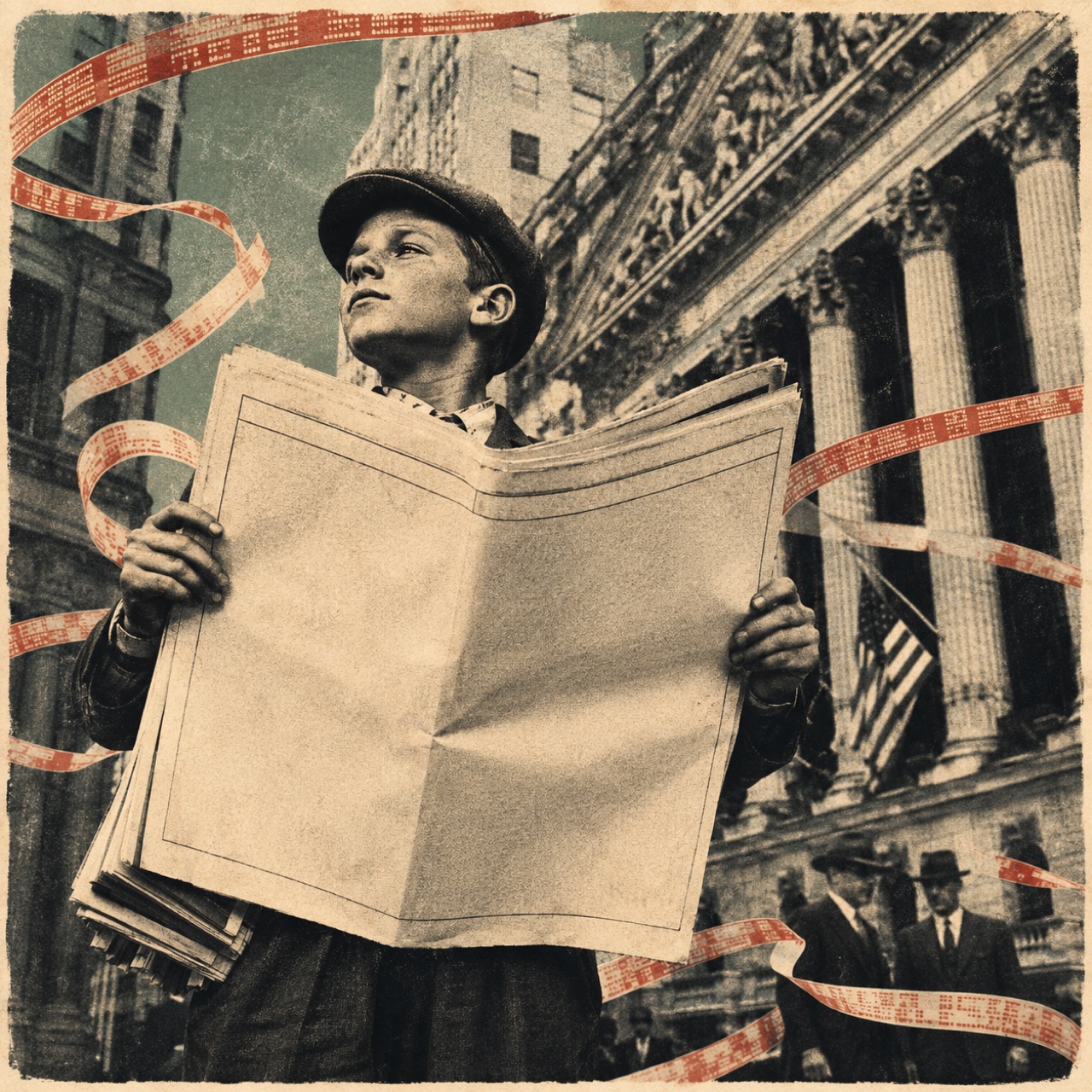 A newspaper boy holds an oversized blank financial paper on Wall Street