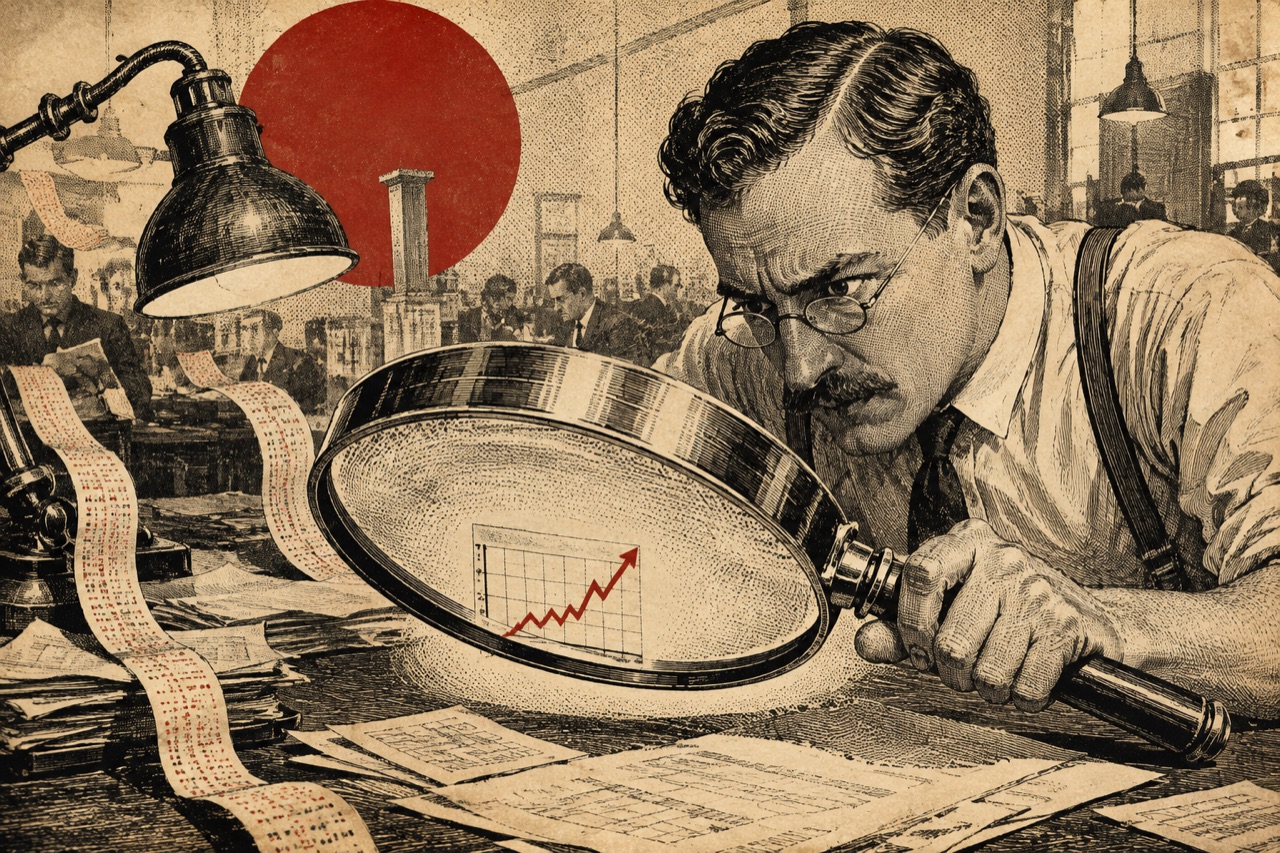 A financial analyst uses a giant magnifying glass to inspect a microscopic chart