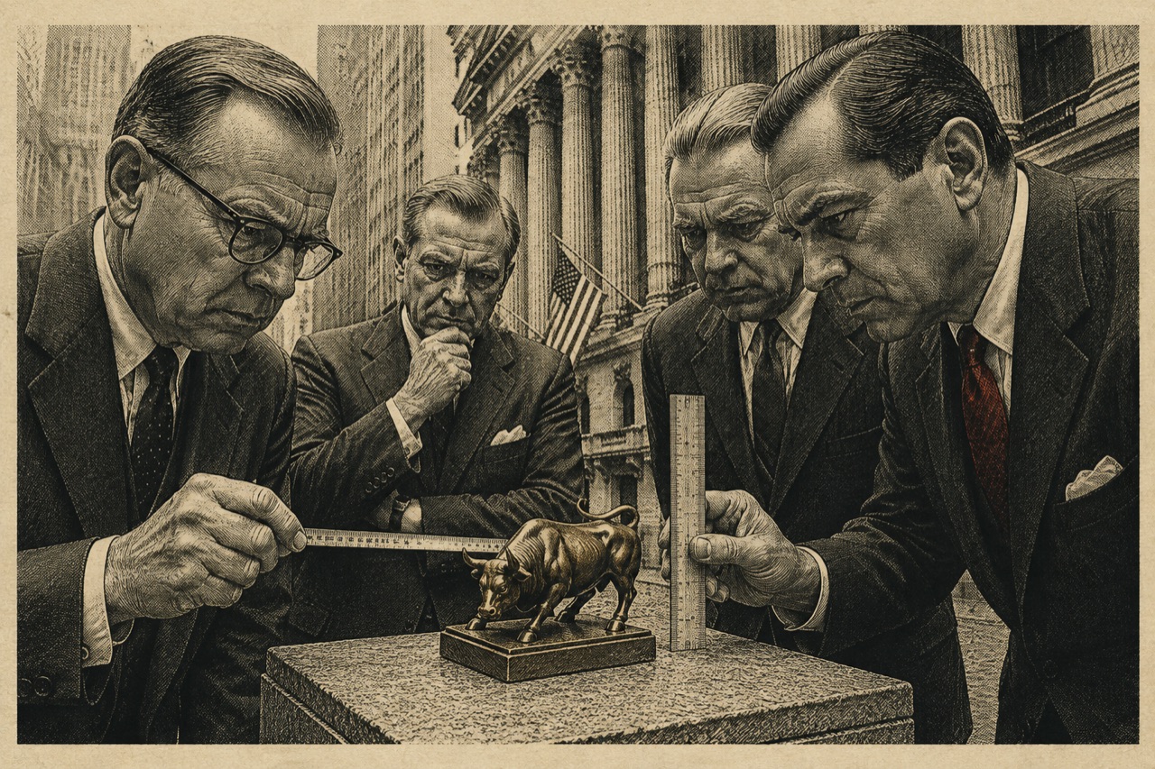 Financial executives carefully measure a tiny bronze bull