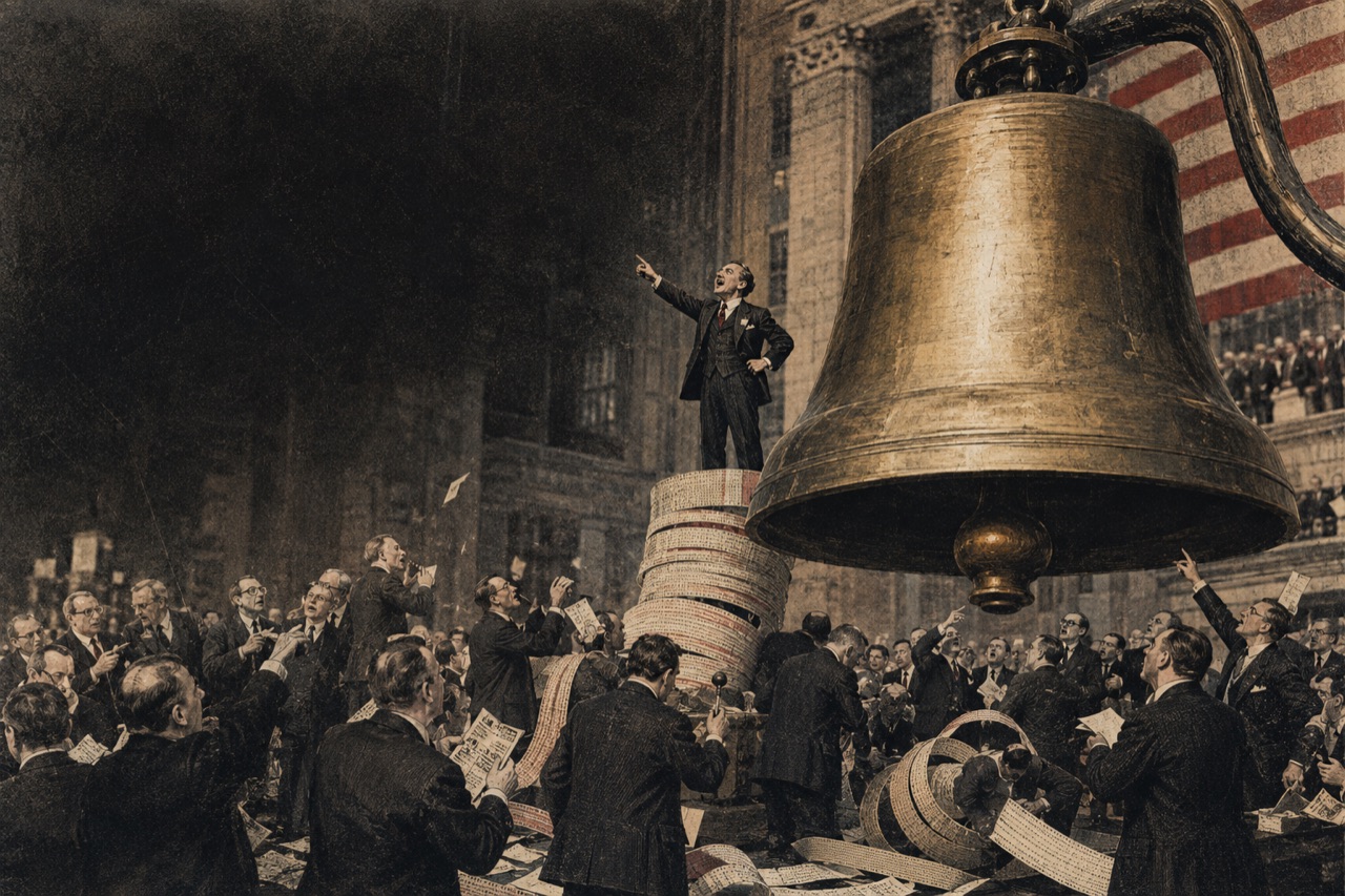 Miniature financiers gather beneath an oversized market bell
