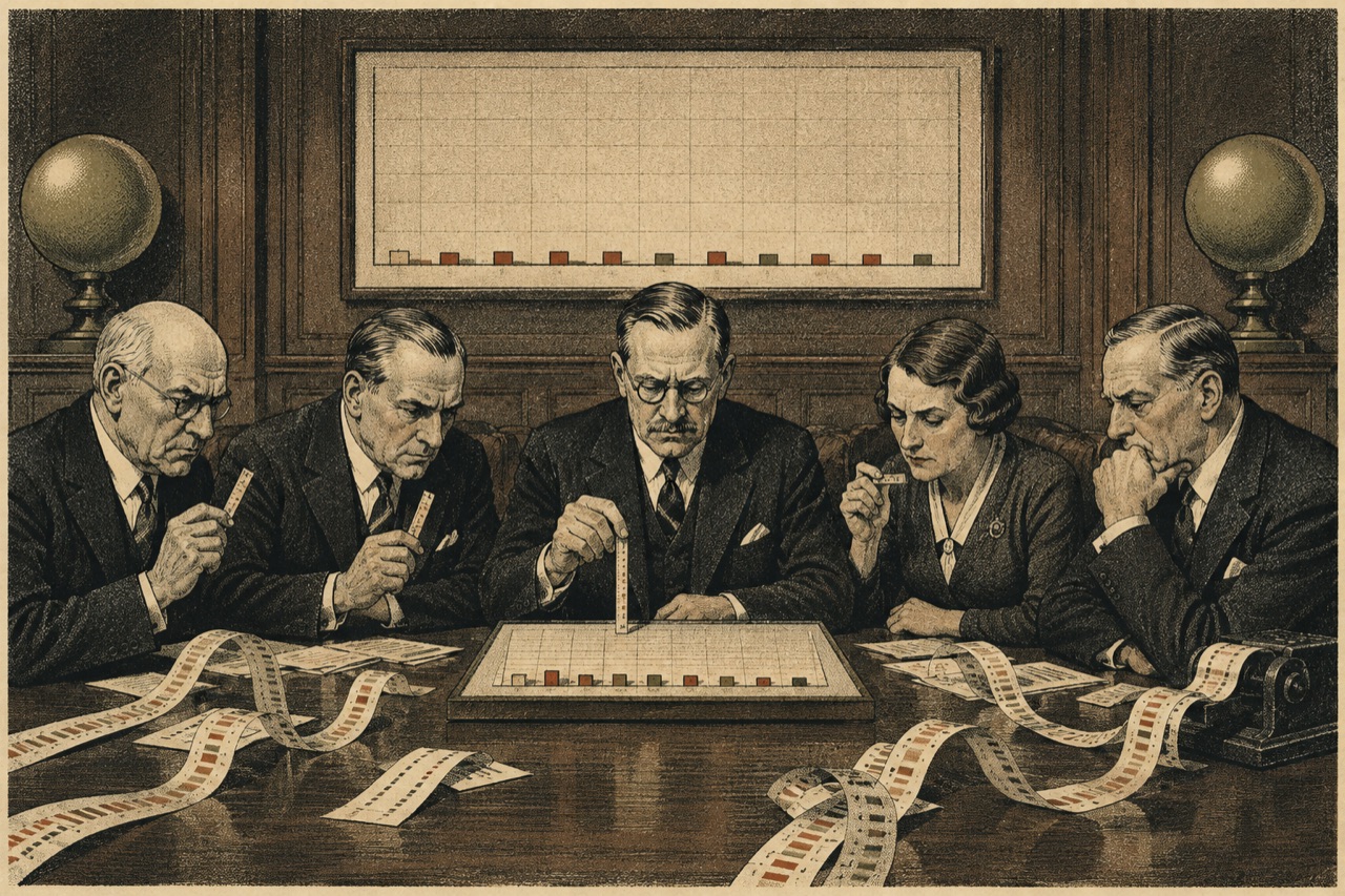 A stern financial committee studies a board of very short bar charts