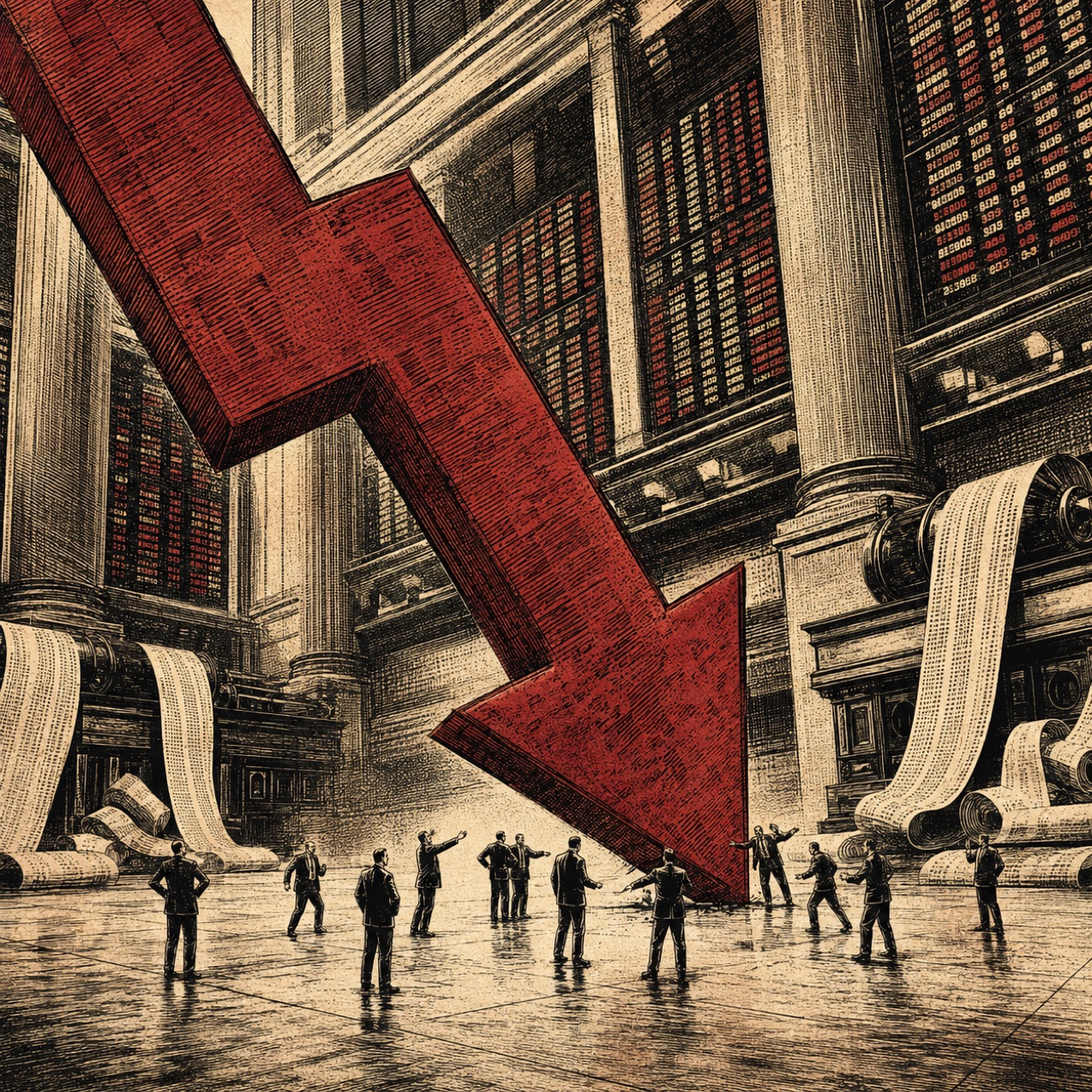 Tiny traders stand beneath a monumental falling market arrow